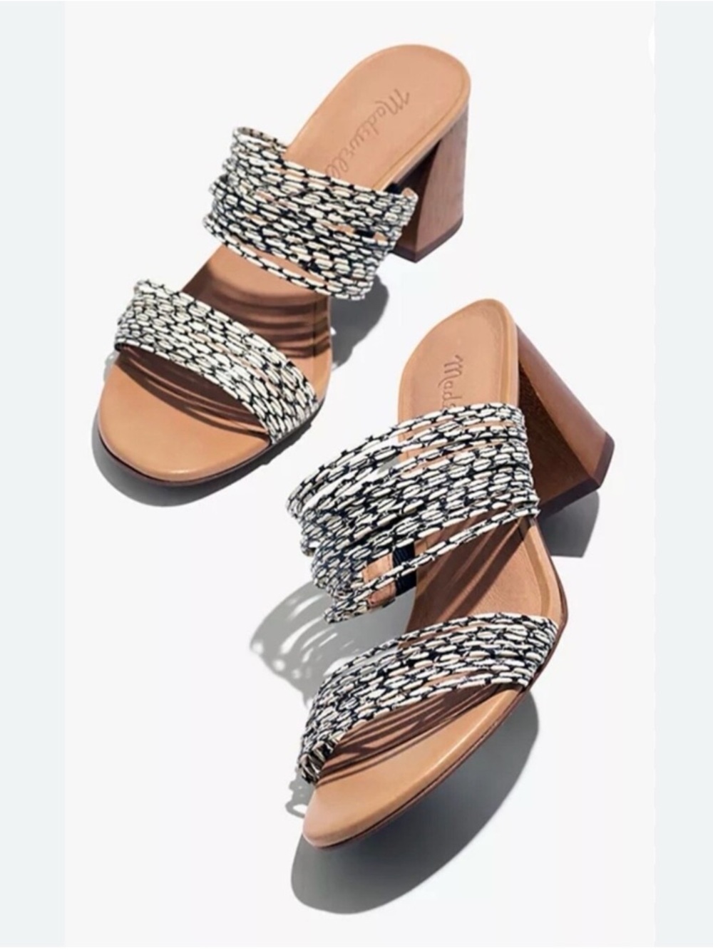 Madewell Black-and-White Woven Two-Band Block Heel Mules